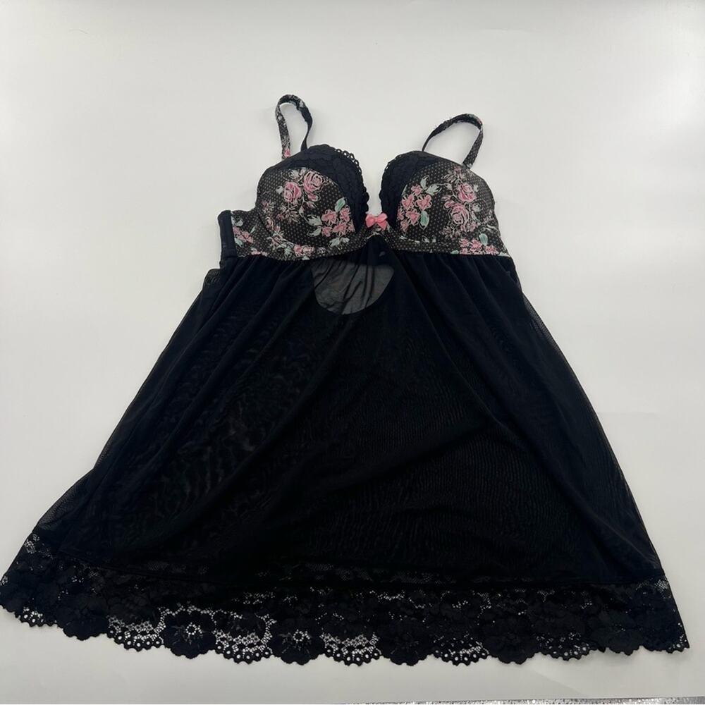 Adore Me Babydoll Lingerie Dress Black Lace Floral Women’s Sexy 36B Bra